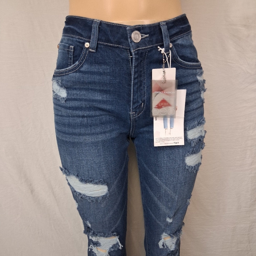 ENJEAN NEW Jeans Size 3 Women's Skinny Distressed Jeans - Medium Blue - Picture 4 of 16